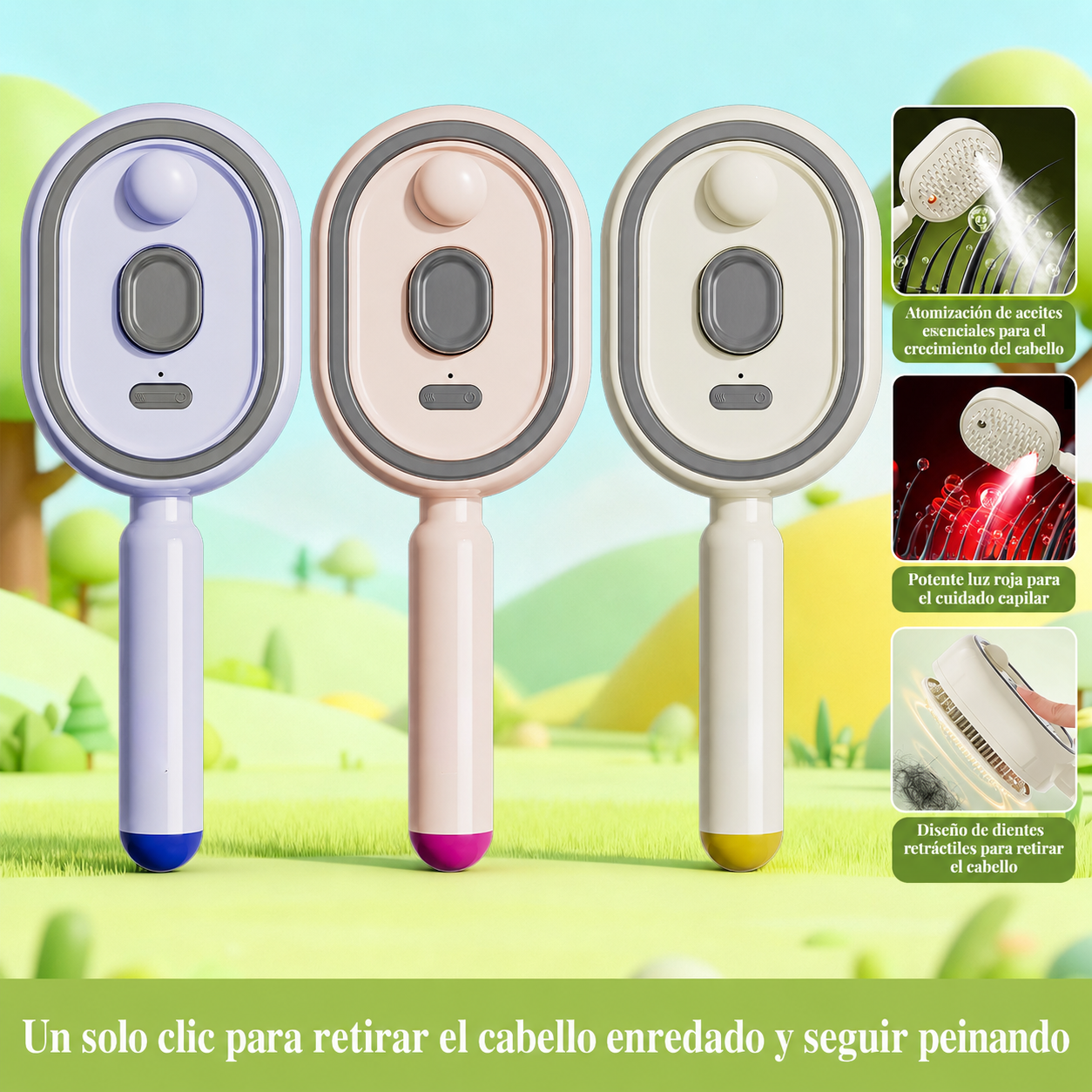 Cepillo masajeador capilar con bruma hidratante, luz roja y sistema autolimpiante.
