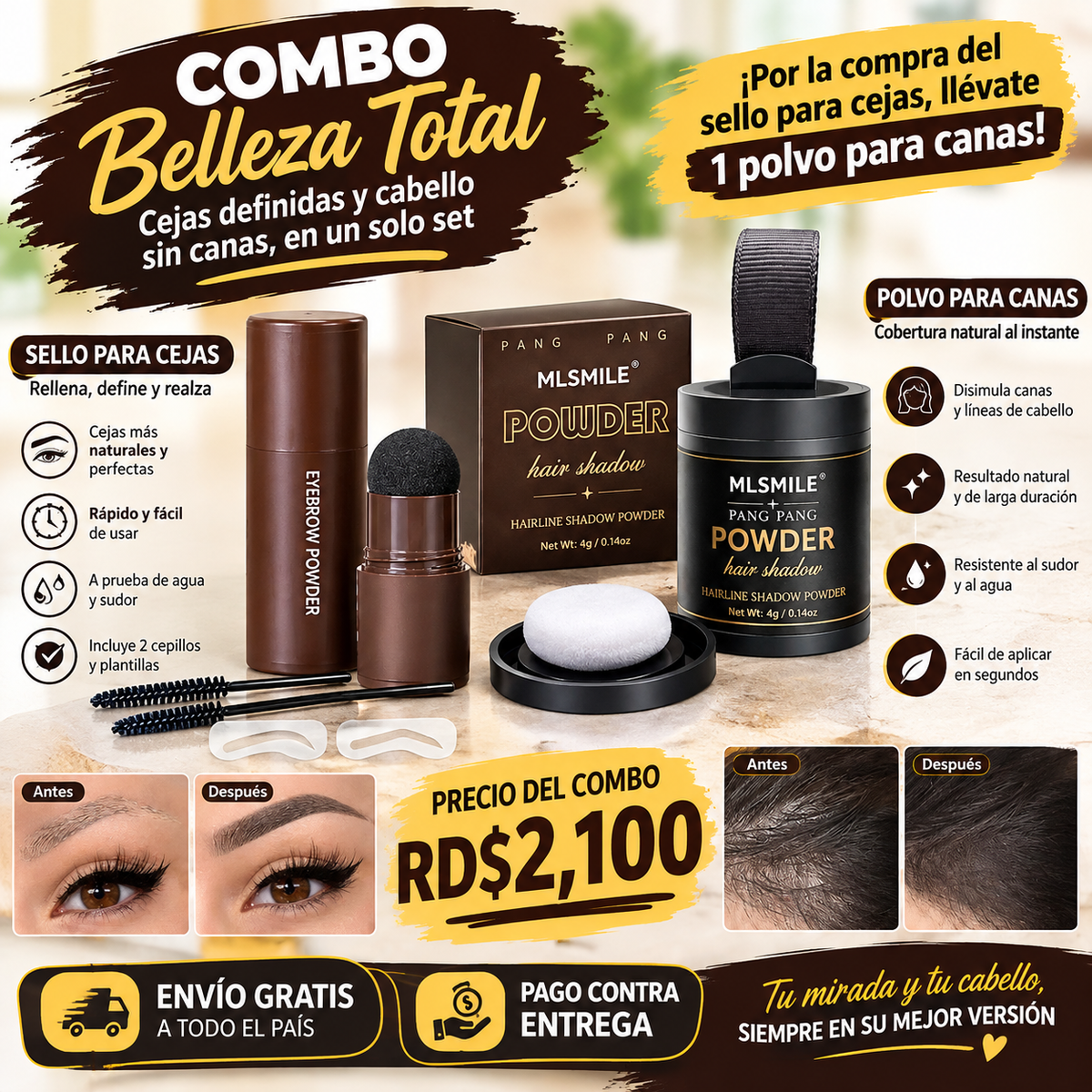 Kit de Sello y Plantillas para Cejas + Polvo polvo corrector de linea capilar MLsmile