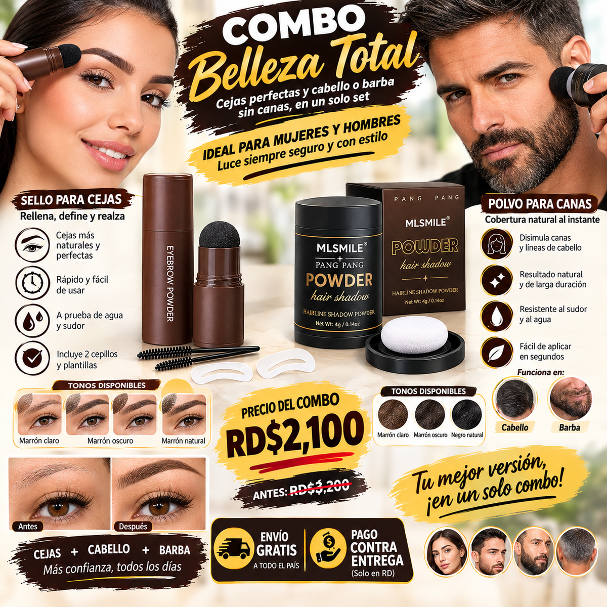 Kit de Sello y Plantillas para Cejas + Polvo polvo corrector de linea capilar MLsmile